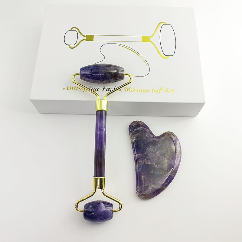 Handheld Natural pink Rose Quartz Crystal Face Massage Real Jade Facial Roller and Gua Sha Set