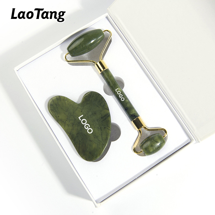 Wholesale Natural Stone Head Neck Spa Massager Jade Facial Massage Roller and Guasha Set Green Jade Roller Gua Sha