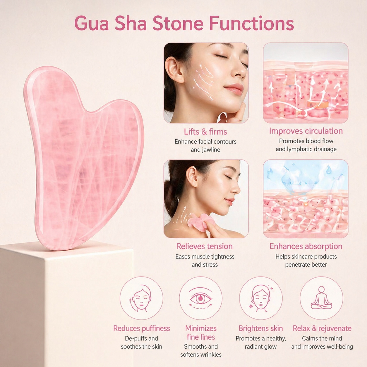 Mushang Rose Quartz Natural Jade Stone Facial Massager Gua Sha Tool Double Rollers for Face Neck Massage Anti-Aging Slimming