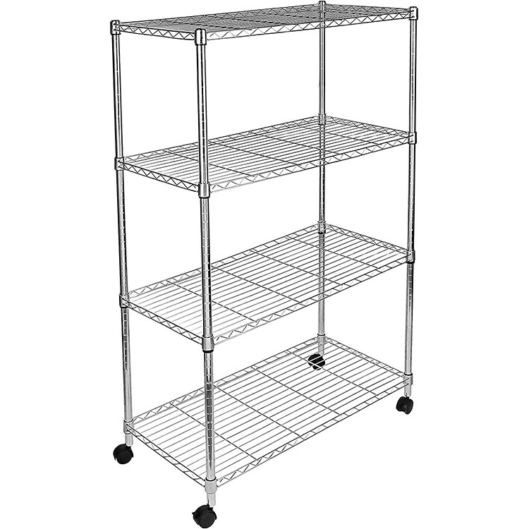 High Quality Movable 4 Tiers Wire Steel Shelf Chrome Plated Metal Shelving Rack With Wheels