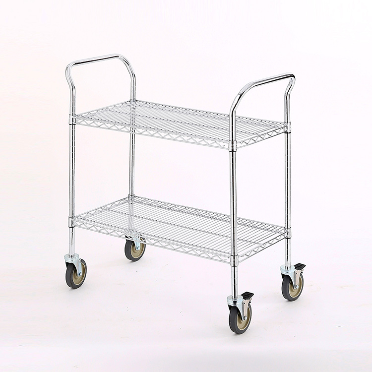 AMJ Wholesale Industrial Chrome Wire Cart 2 Shelf Storage Shelving Trolley With Wheels
