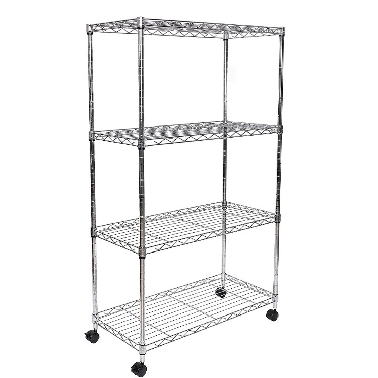 Heavy Duty 4 Tier Chrome Metal Movable Commercial Rack Wire Shelving on Wheels