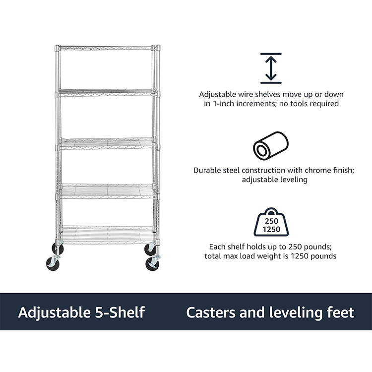 Heavy Duty 30" L X 14" W X 64.8" H 5-Shelf Adjustable Storage Wire Shelving Unit Rack on 4'' Wheel Casters