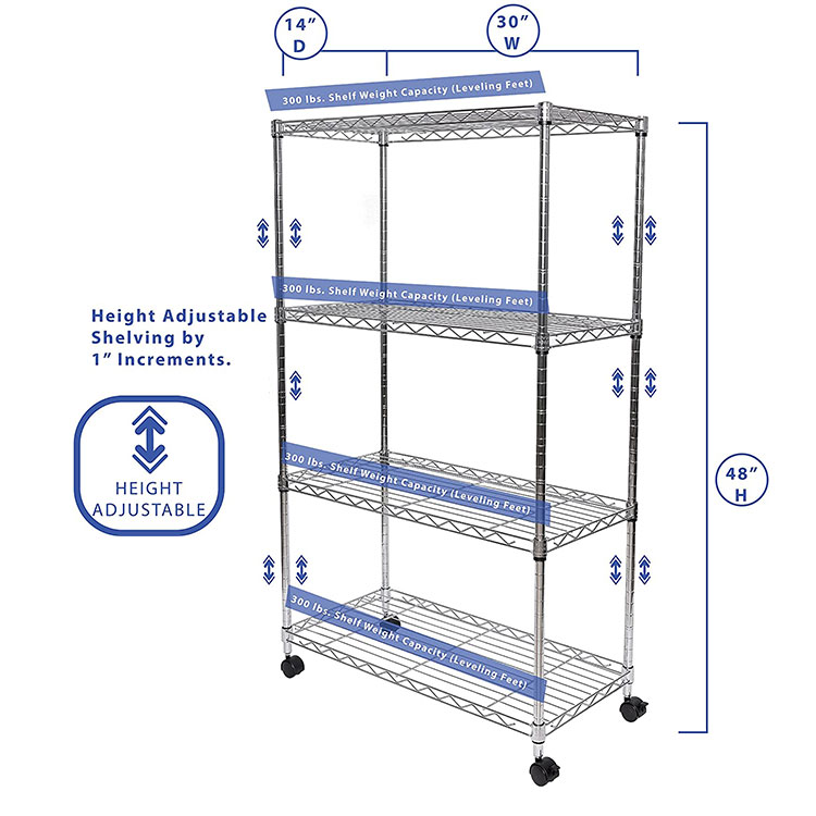 Heavy Duty 4 Tier Chrome Metal Movable Commercial Rack Wire Shelving on Wheels