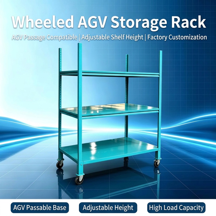 Smart Factory Ready Adjustable 3 TierSteel Mobile AGV Storage Rack With Swivel Casters for Automated Warehouse