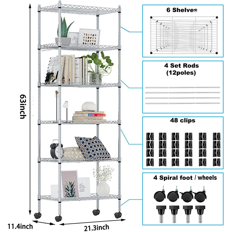 High Quality 6 Tiers Adjustable Steel Rolling Storage Chrome Roll Wire Shelving