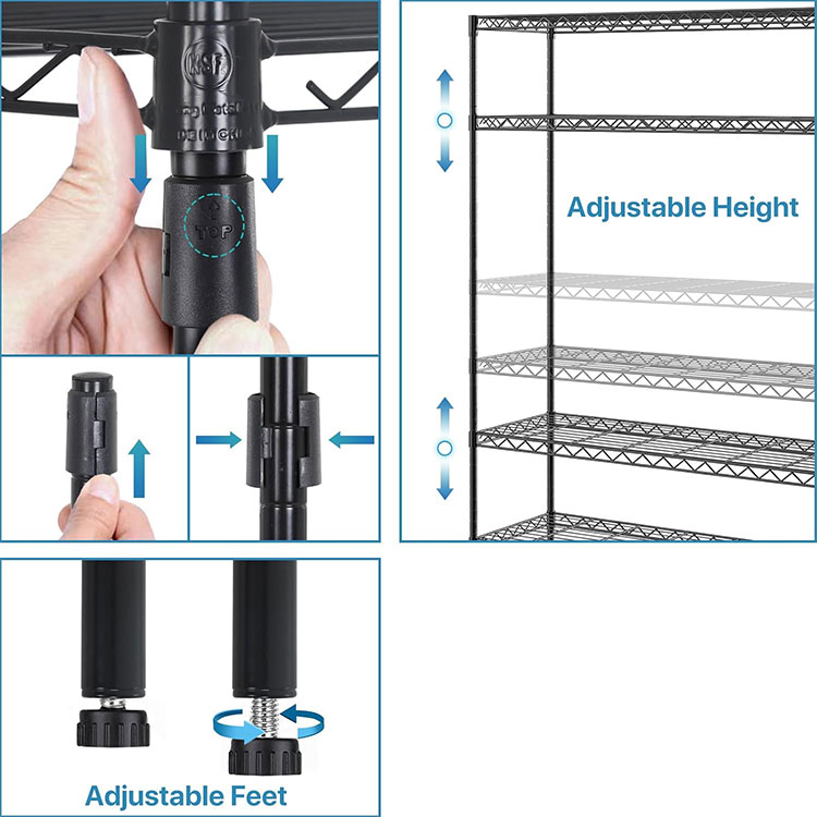 NSF Approval Adjustable Black Powder Coating 6 Tiers Home Wire Shelf