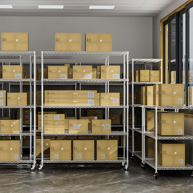 5 Layers Adjustable Rolling Storage Shelves Wire Rack Warehouse Metal Wheels Shelving Home Chrome Wire Shelving