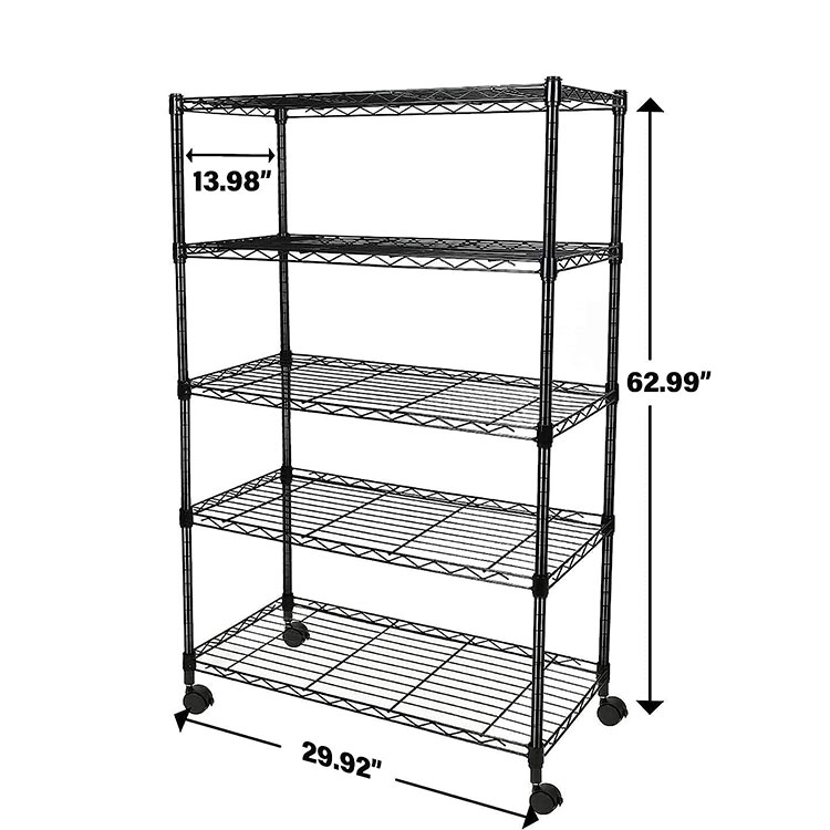 High Quality Movable 4 Tiers Wire Steel Shelf Chrome Plated Metal Shelving Rack With Wheels