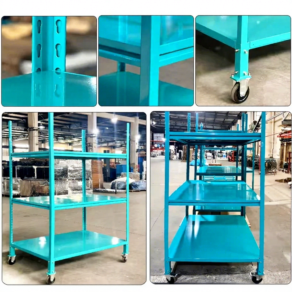 Smart Factory Ready Adjustable 3 TierSteel Mobile AGV Storage Rack With Swivel Casters for Automated Warehouse