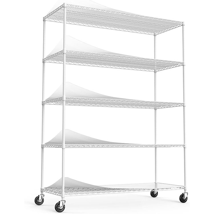5 Layers Adjustable Rolling Storage Shelves Wire Rack Warehouse Metal Wheels Shelving Home Chrome Wire Shelving