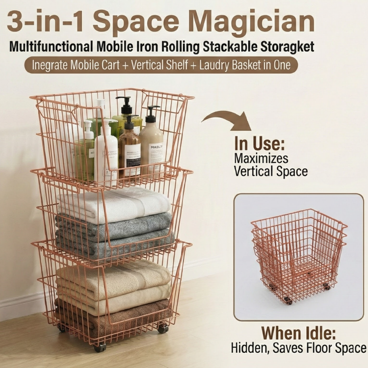 3-in-1 Space Magician Multifunctional Mobile Iron Rolling Stackable Storagket for Laundry Room