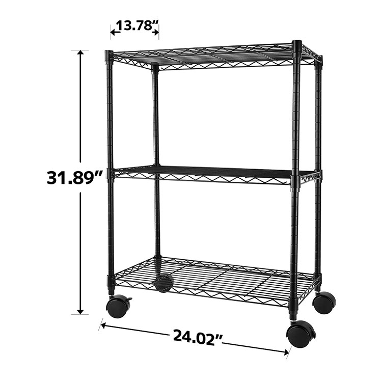 3-Tier Black Movable Wire Shelf Shelving on Wheels for Restaurant Garage Kitchen