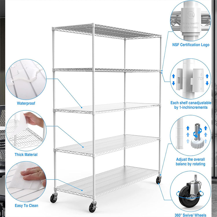 5 Layers Adjustable Rolling Storage Shelves Wire Rack Warehouse Metal Wheels Shelving Home Chrome Wire Shelving