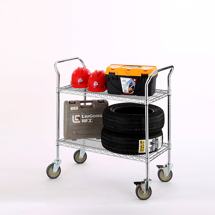 AMJ Wholesale Industrial Chrome Wire Cart 2 Shelf Storage Shelving Trolley With Wheels