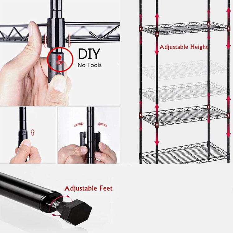 Hot Selling Laundry Bathroom Kitchen Black 5 Tier Adjustable Storage Shelf Metal Storage Rack Nsf Wire Shelving Unit
