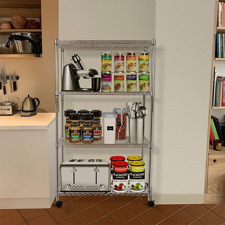High Quality Movable 4 Tiers Wire Steel Shelf Chrome Plated Metal Shelving Rack With Wheels