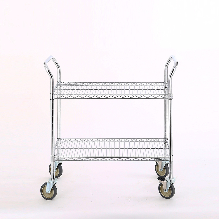 AMJ Wholesale Industrial Chrome Wire Cart 2 Shelf Storage Shelving Trolley With Wheels