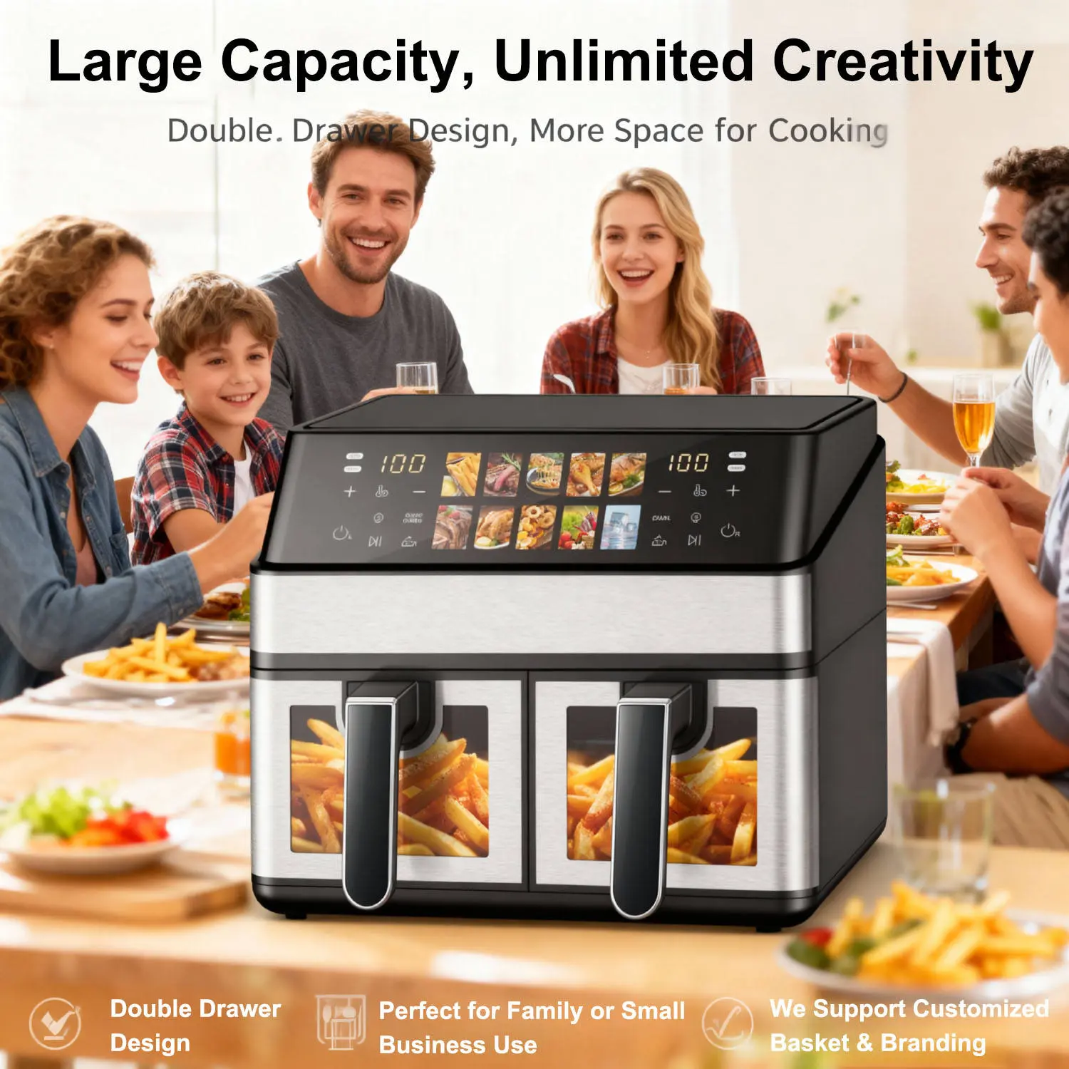 China 903A-SW Dual Basket Air Fryer 8.0L Large Capacity, Dual Motor Independent Cooking, 100-240V Global Voltage – Double Pot Air Fryer Manufacturer, Suppliers