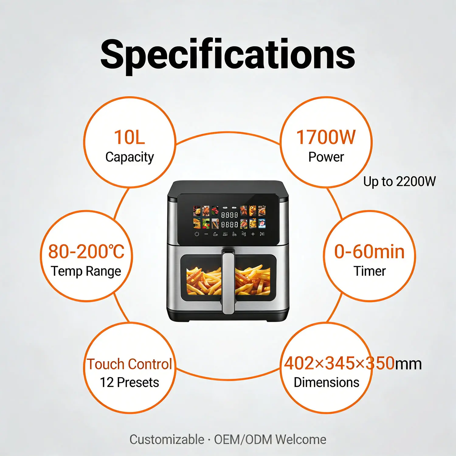 China Digital Air Fryer 10L 1700W Metal Cavity Dual Heating Touch Screen Manufacturers, Factories