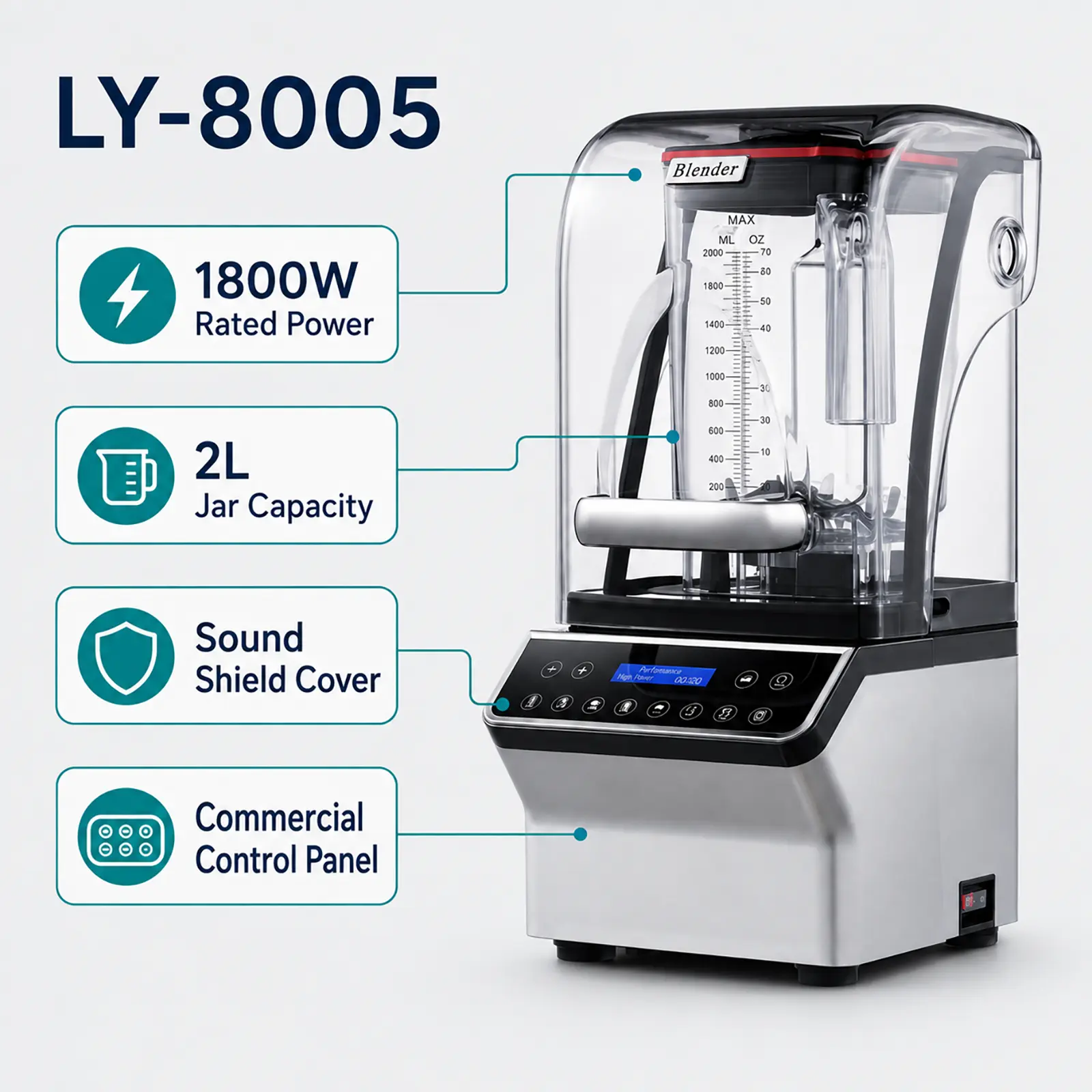 China LY-8005 Commercial Blender with Sound Shield Cover, 1800W 2L Jar OEM/ODM Manufacturers, Supplier