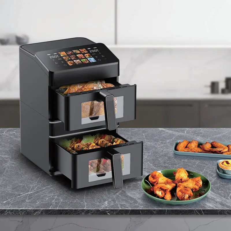 China Dual Basket Air Fryer 6L+6L Stacked Double Basket 2800W Touch Screen 12 Preset Menus OEM ODM Suppliers, Factories