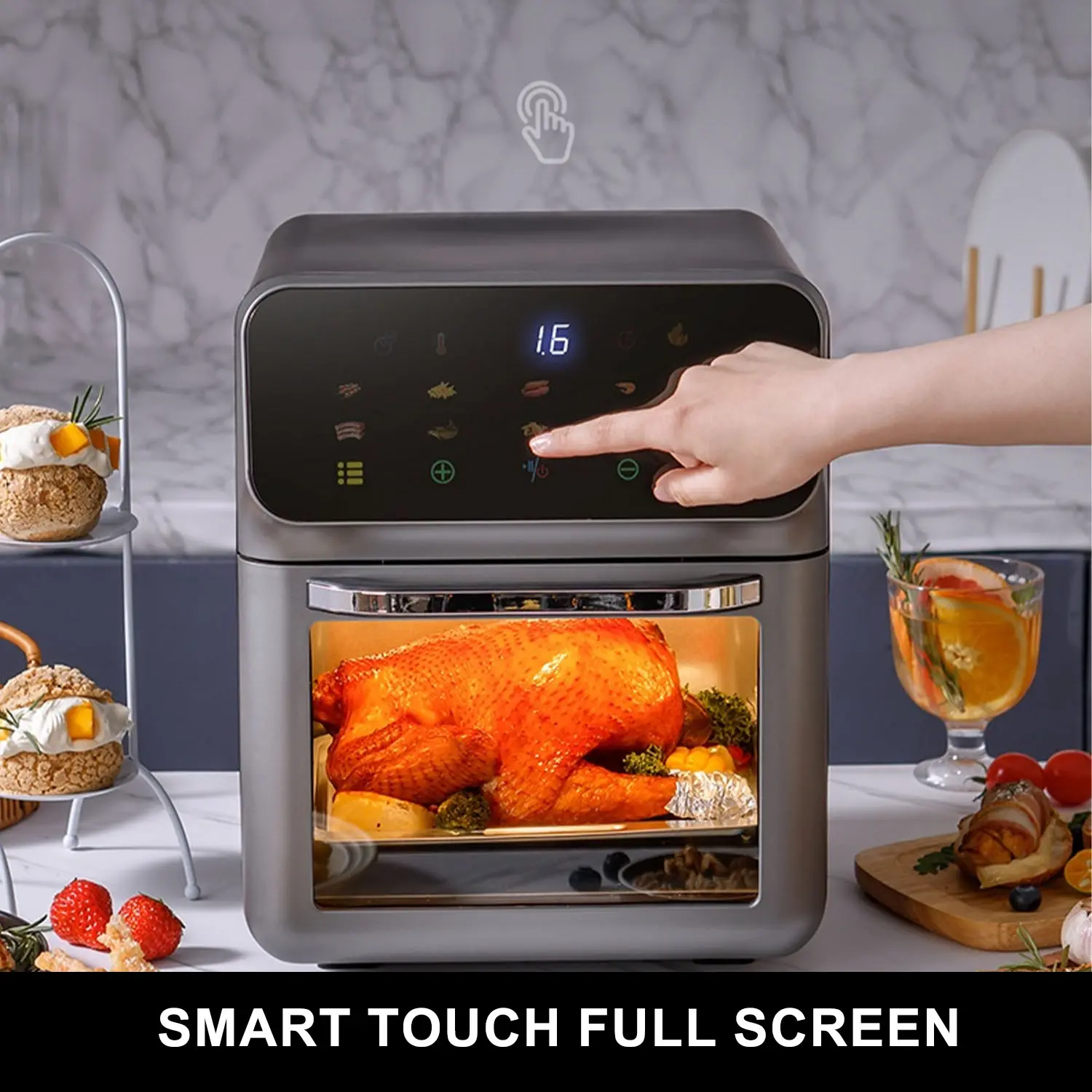 China Smart Touch Air Fryer Oven 15L 1800W 3 Layer Baking 360 Hot Air Circulation Enamel Easy Clean OEM ODM Suppliers, Factory