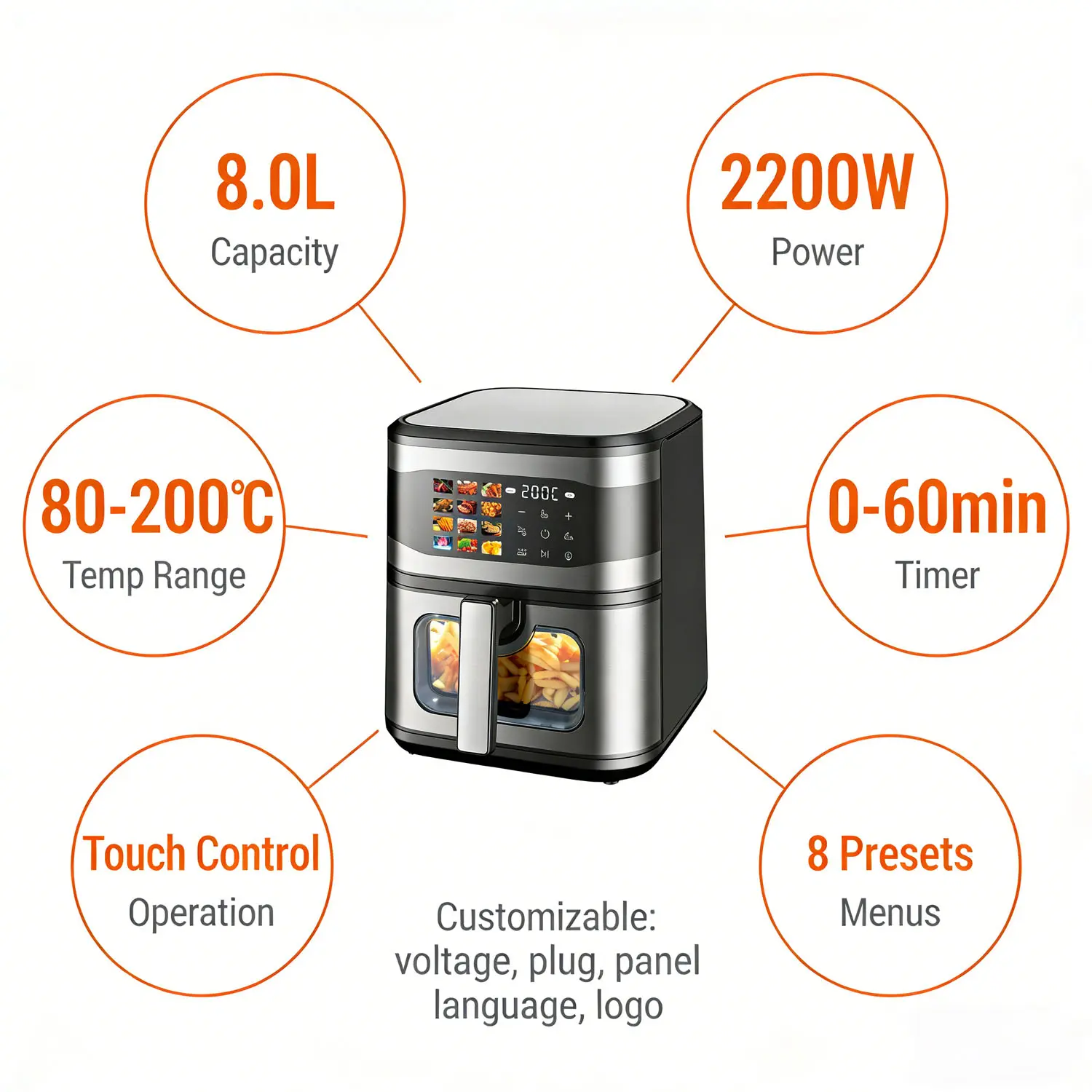 China Digital Air Fryer 8L with Window 1700W Metal Cavity Dual Heating Touch Screen Manufacturers, Manufacturer