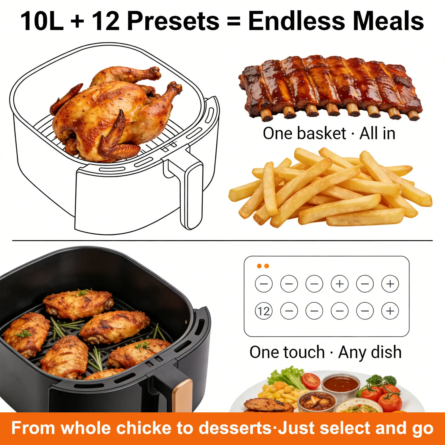 China Digital Air Fryer 10L 1700W Metal Cavity Dual Heating Touch Screen Manufacturers, Factories