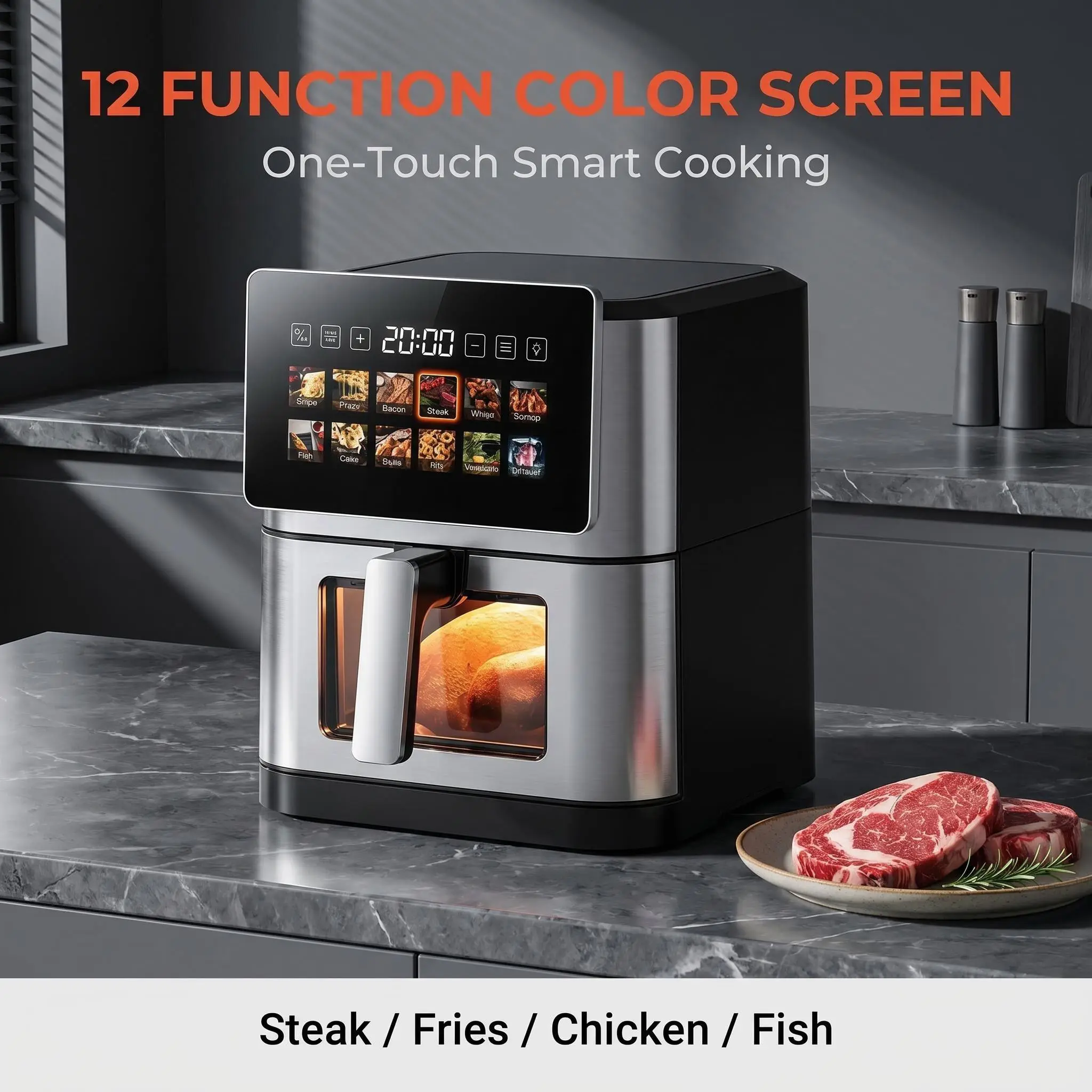 Wholesale RA811DSV Dual-Heating Air Fryer – 8L 1800W Color Screen Full Stainless Steel Body Suppliers, Factory