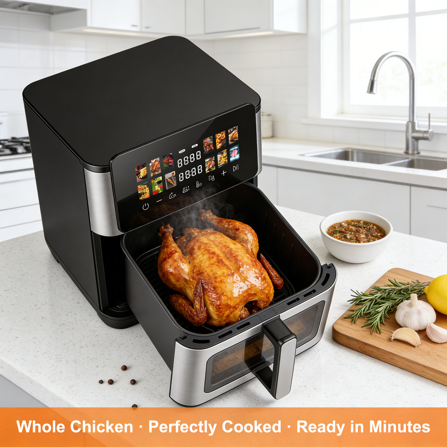 Main usage scenario of the digital air fryer in a modern kitchen