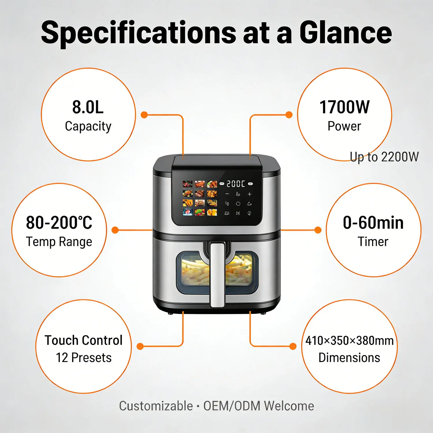Wholesale Digital Air Fryer 8L 1700W Metal Cavity 12 Preset Menus Touch Screen Manufacturers, Factory