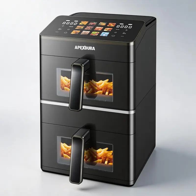 China Dual Basket Air Fryer 6L+6L Stacked Double Basket 2800W Touch Screen 12 Preset Menus OEM ODM Suppliers, Factories