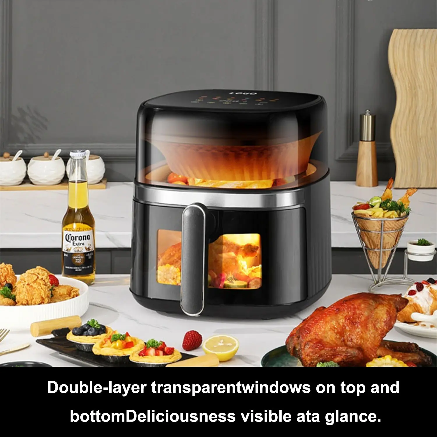 China 6L Panoramic Air Fryer with Double Window HD Touch Screen Square Basket 1500W Manufacturers, Supplier