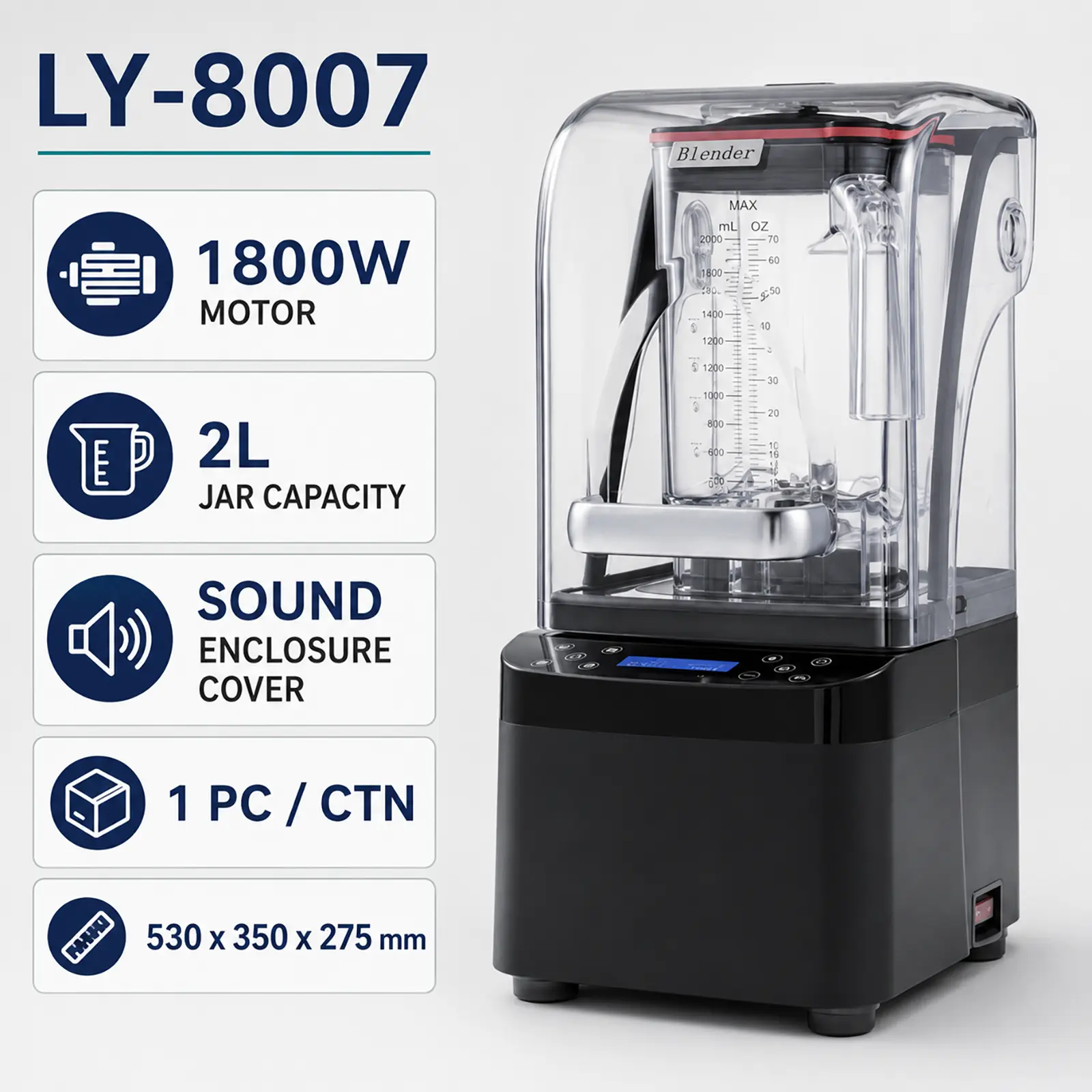 Wholesale Commercial Quiet Blender LY-8007 2L 1800W Sound Enclosure Blender for B2B OEM/ODM Supply Manufacturer, Factory