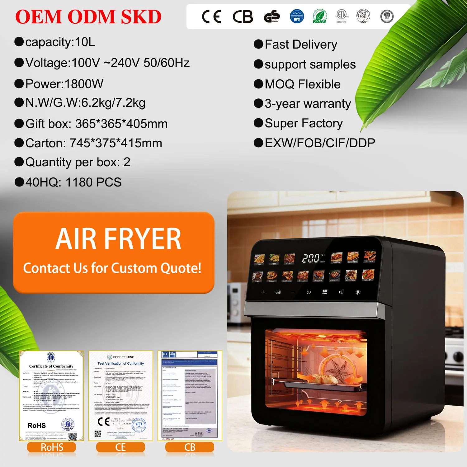 Wholesale 10L Digital Air Fryer 1800W Non Stick Teflon Coating Digital Timer OEM ODM Manufacturer, Supplier