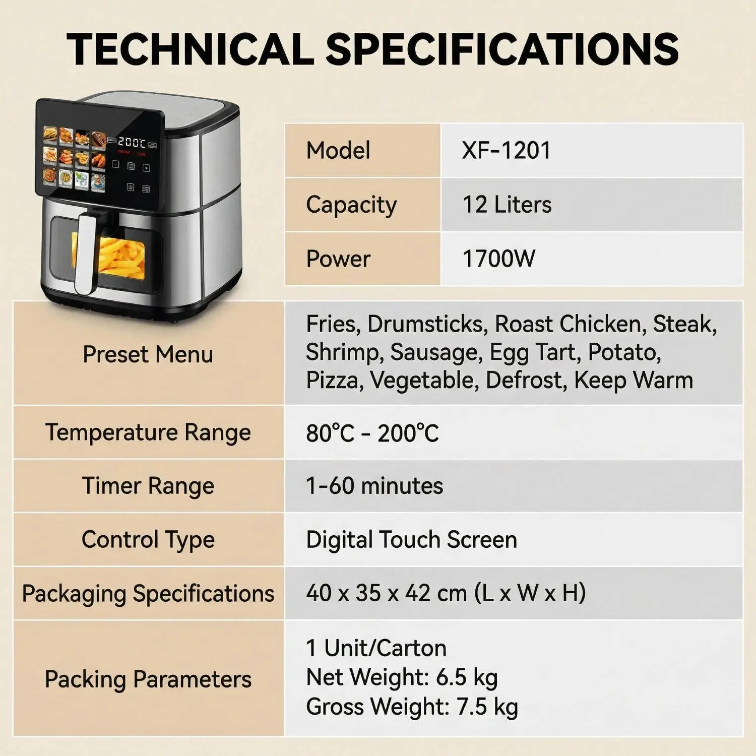 China Digital Air Fryer Oven 12L 1700W Touch Screen 12 Preset Menus OEM ODM Suppliers, Factory