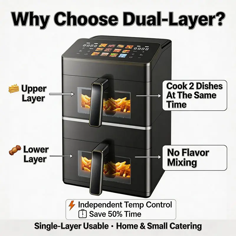 China Dual Basket Air Fryer 6L+6L Stacked Double Basket 2800W Touch Screen 12 Preset Menus OEM ODM Suppliers, Factories