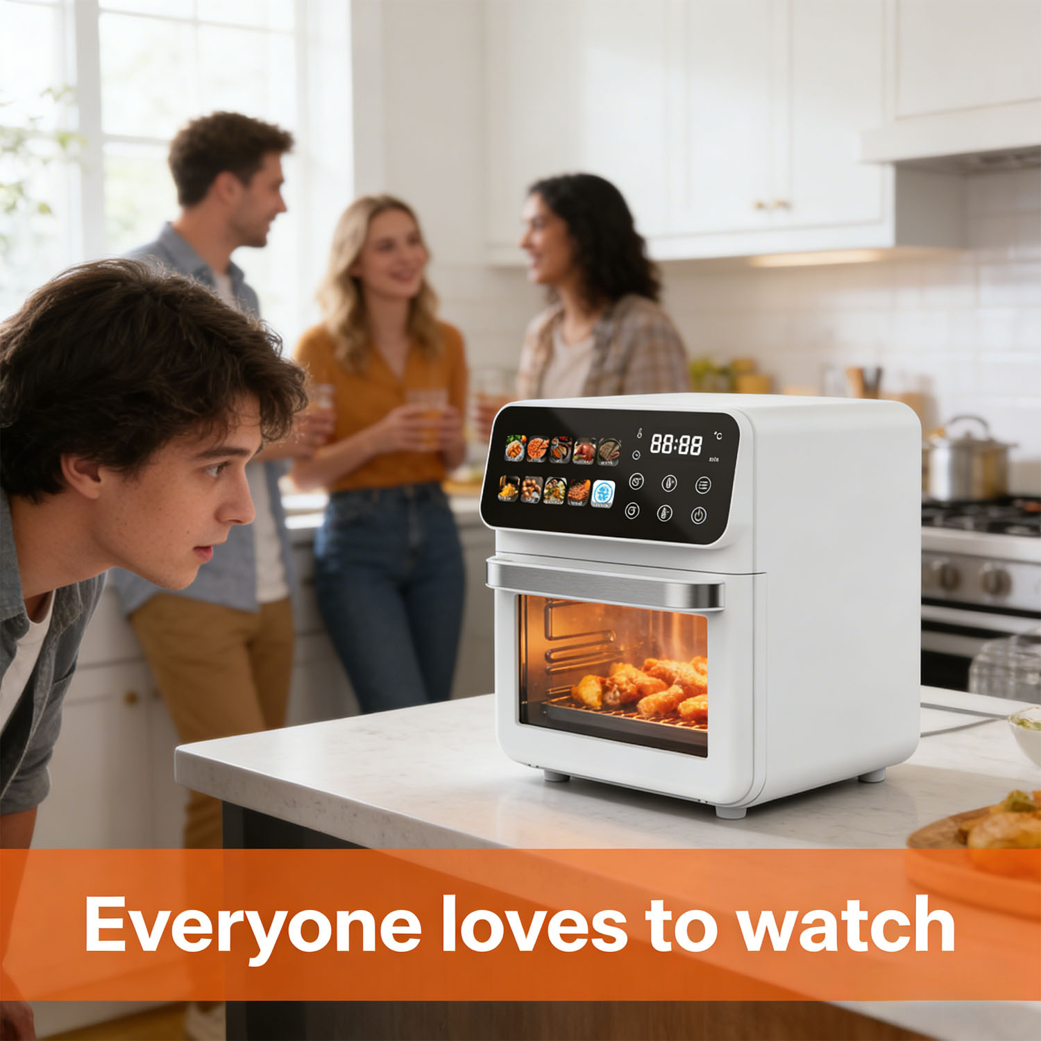 Side View of Air Fryer in Social Gathering Scene