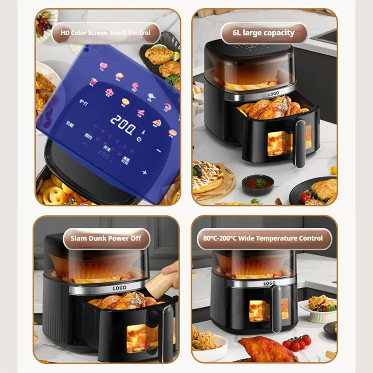 China 6L Panoramic Air Fryer with Double Window HD Touch Screen Square Basket 1500W Manufacturers, Supplier
