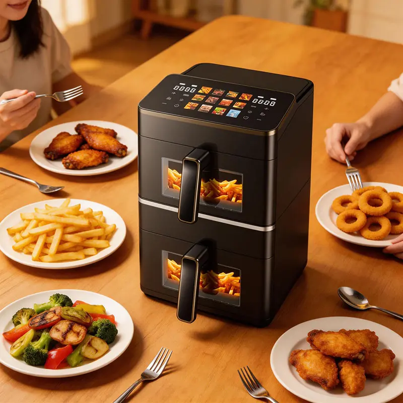 China Dual Basket Air Fryer 6L+6L Stacked Double Basket 2800W Touch Screen 12 Preset Menus OEM ODM Suppliers, Factories