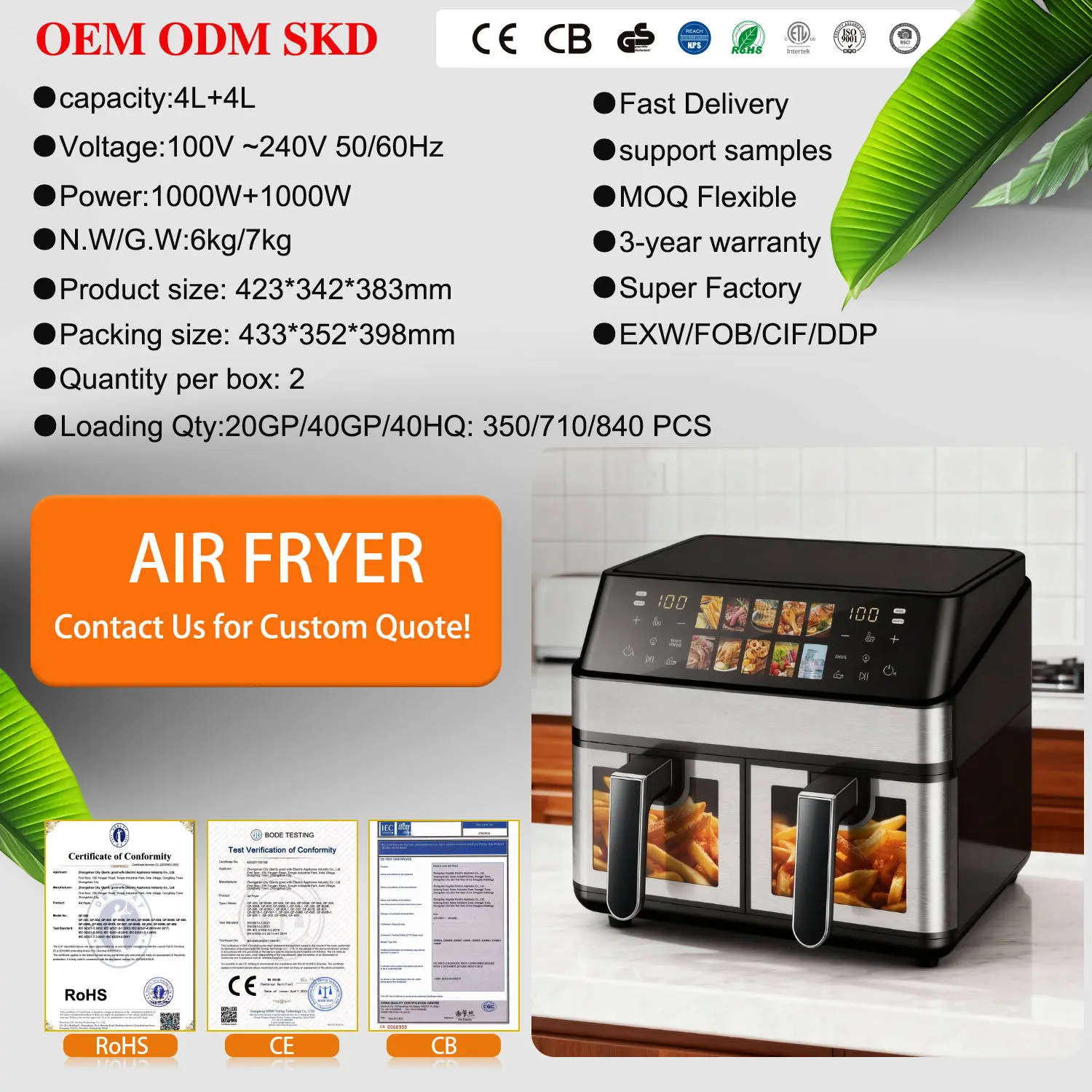 China 903A-SW Dual Basket Air Fryer 8.0L Large Capacity, Dual Motor Independent Cooking, 100-240V Global Voltage – Double Pot Air Fryer Manufacturer, Suppliers