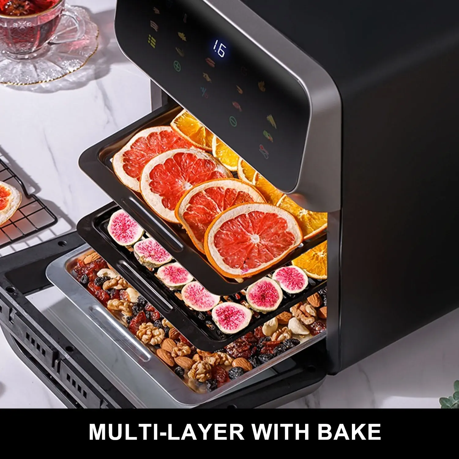 China Smart Touch Air Fryer Oven 15L 1800W 3 Layer Baking 360 Hot Air Circulation Enamel Easy Clean OEM ODM Suppliers, Factory