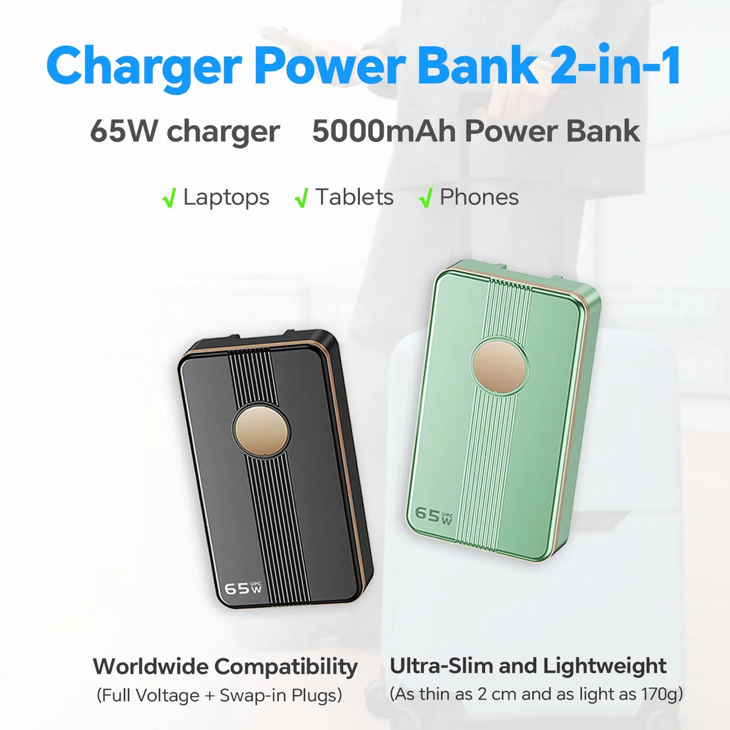 65W Cell Phone Charger Compact External Battery Pack 5000mAh with Temperature Protection with Adapter for iPad &amp; Laptops