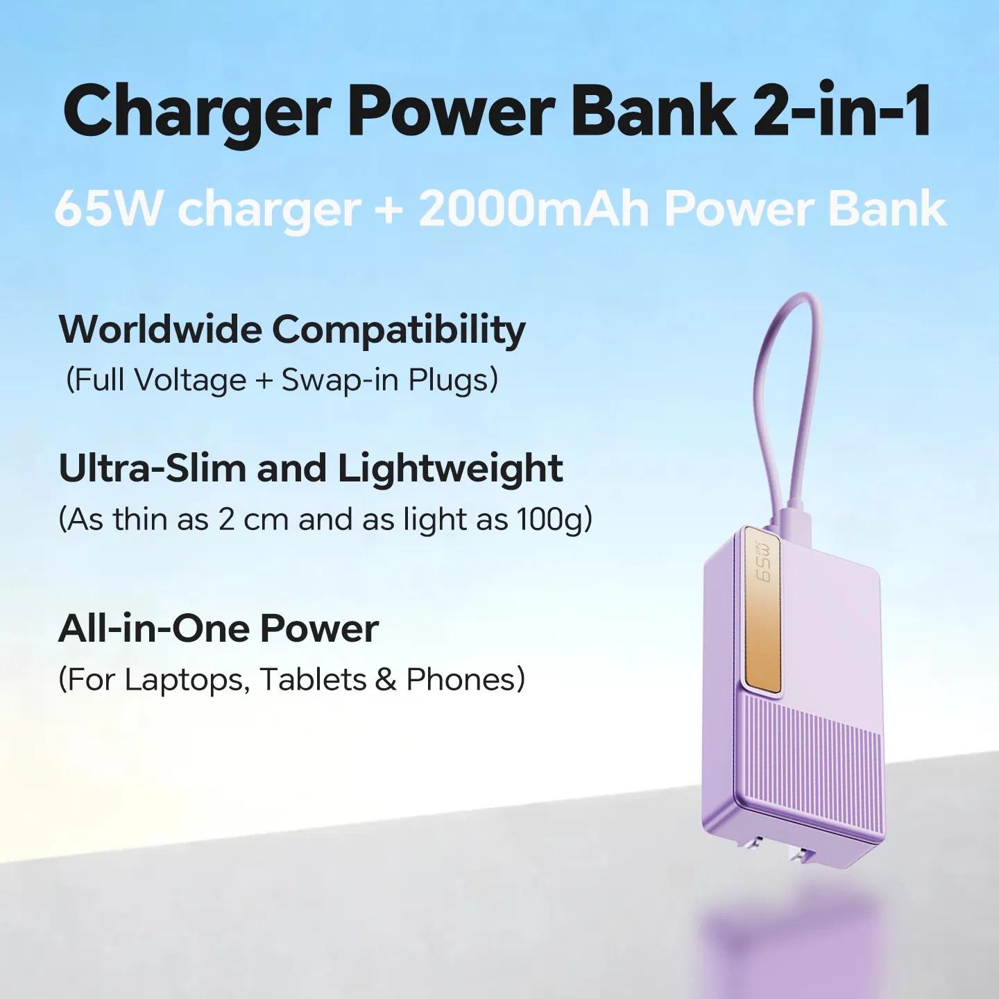 GaN External Battery with AC &amp; Wall Plug, 2-in-1 Uninterruptible Charger Full Protection, Flight-Approved Pocket Portable Charger for iPhone Samsung Mobile