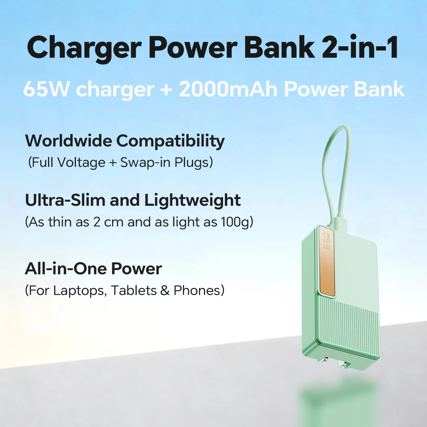 GaN External Battery with AC &amp; Wall Plug, 2-in-1 Uninterruptible Charger Full Protection, Flight-Approved Pocket Portable Charger for iPhone Samsung Mobile