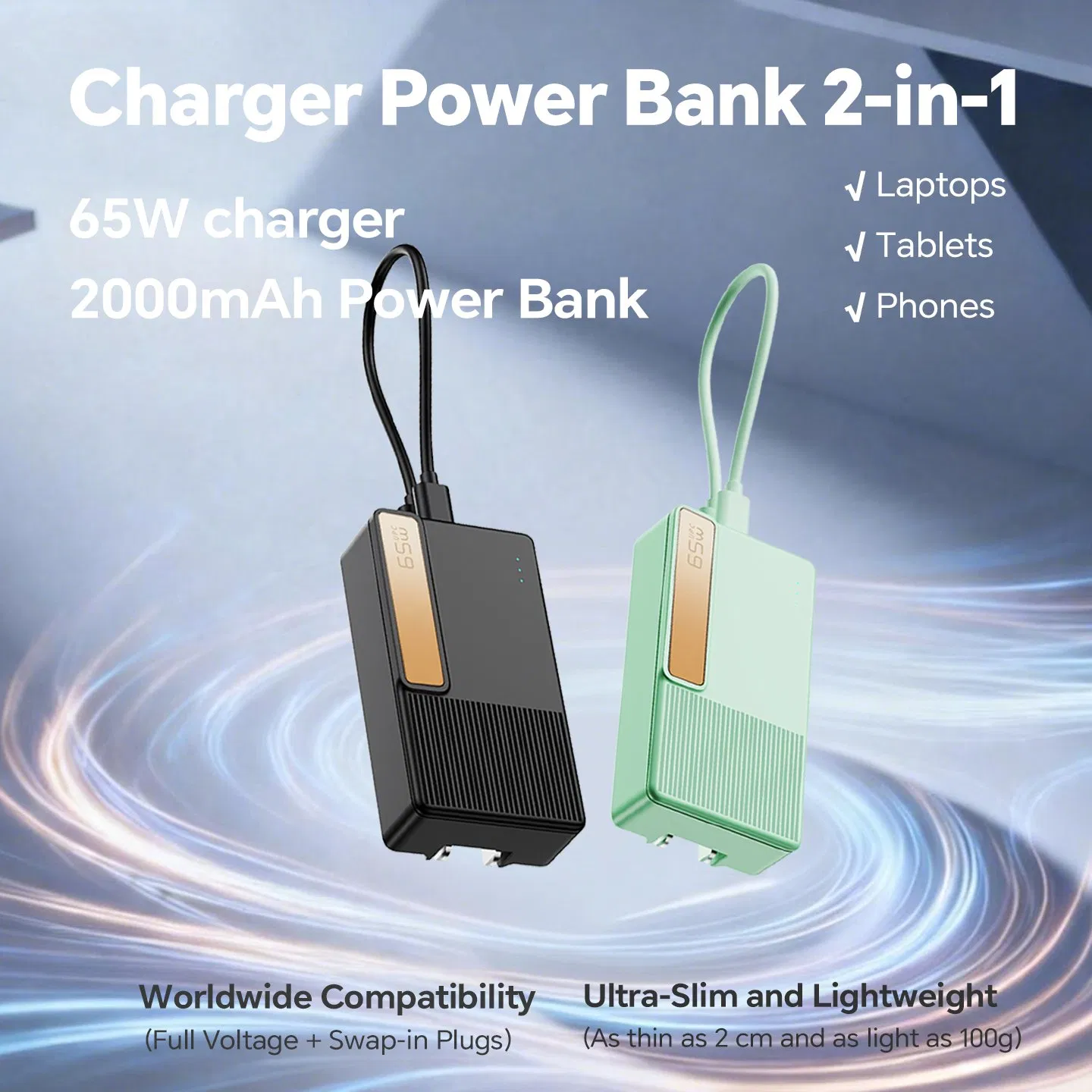2000mAh GaN External Battery Pack Slim Portable Phone Charger Temperature Protection with Adapter for iPad