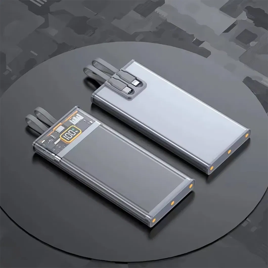 OEM Customize External Battery Powerbank Portable Charger Pd QC Fast Charging with Cable Type C Transparent Power Bank 20000mAh