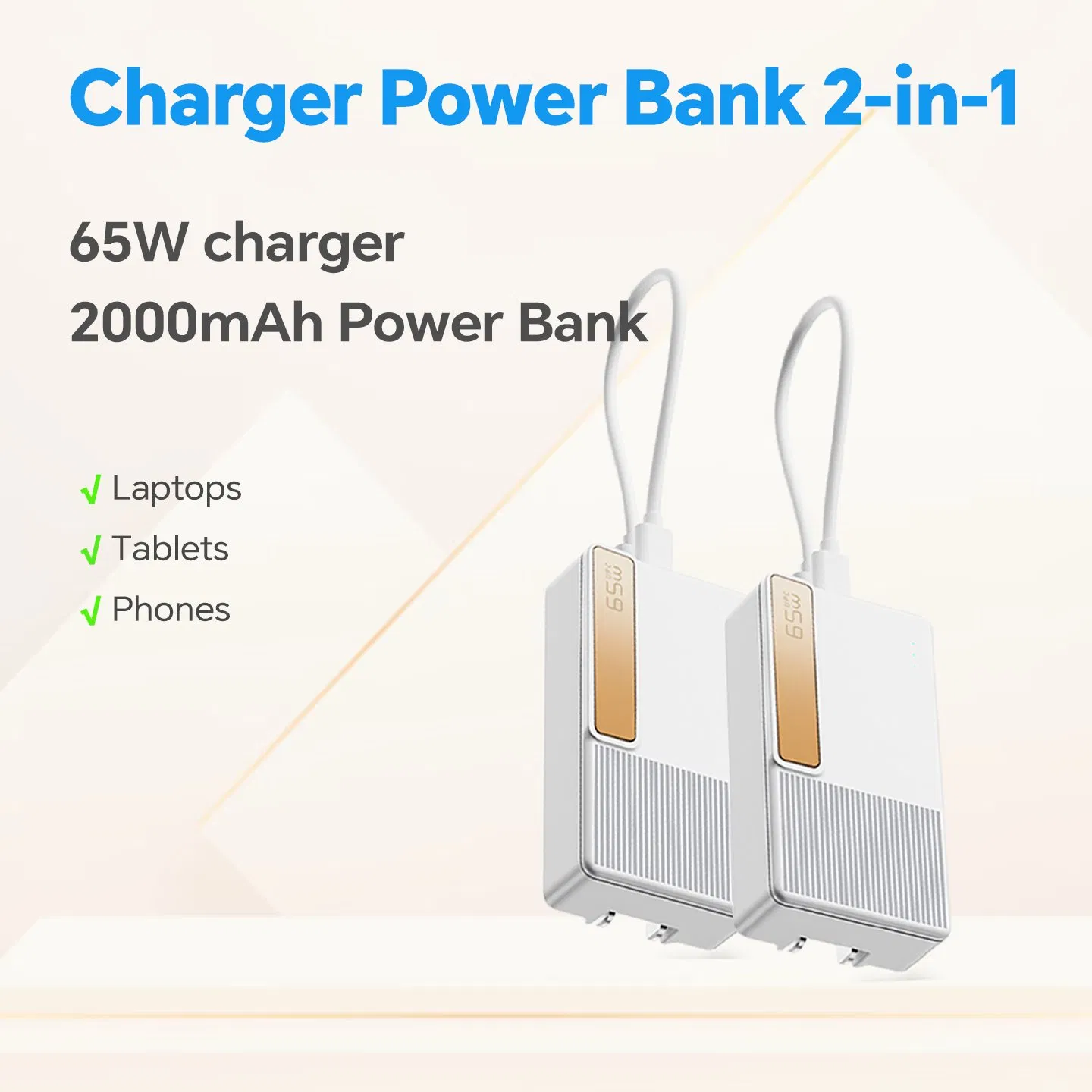 65W GaN Tech Phone Charger 2000mAh Power Bank External Battery Charger for Laptop MacBook iPad PRO Samsung Tablet