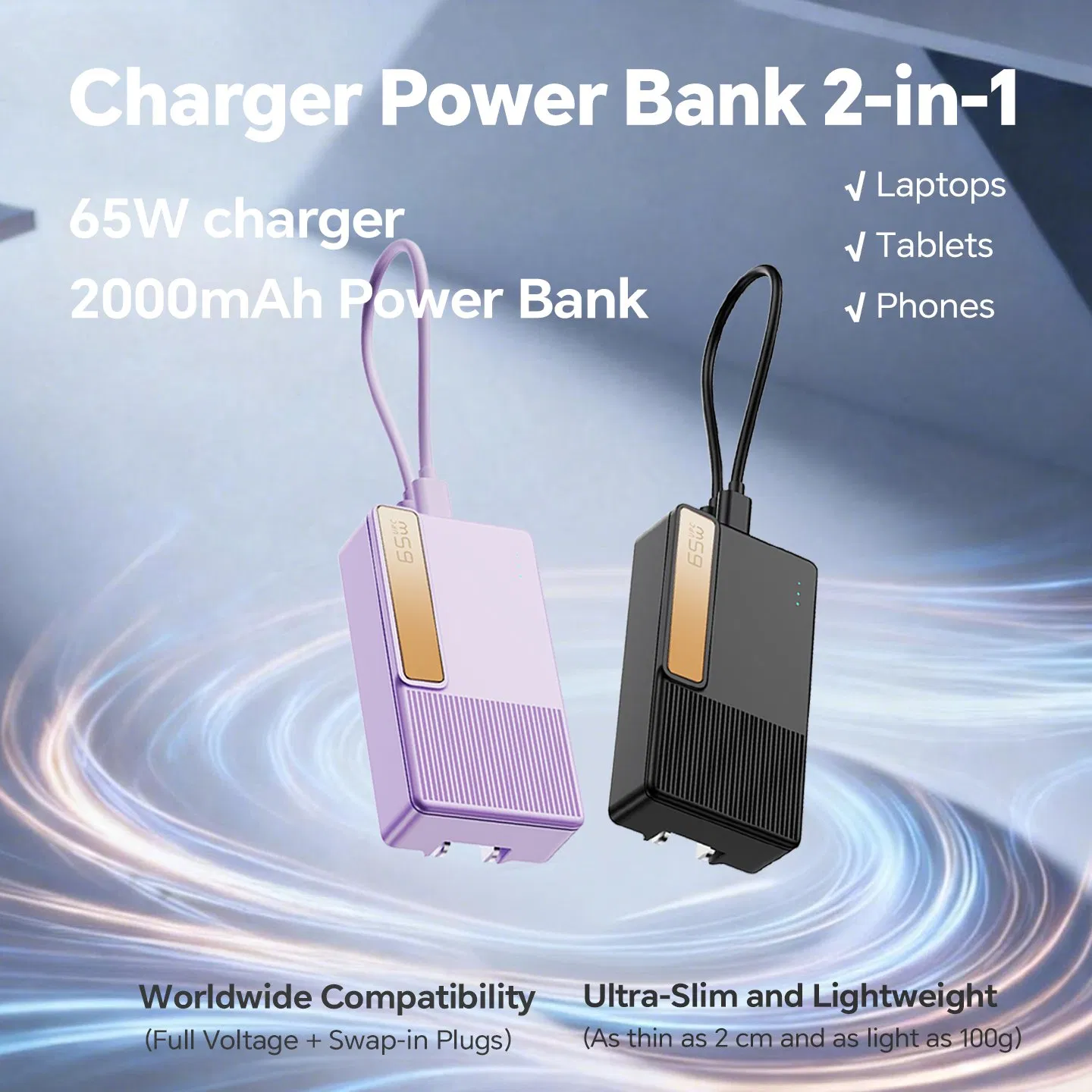 2000mAh GaN External Battery Pack Slim Portable Phone Charger Temperature Protection with Adapter for iPad